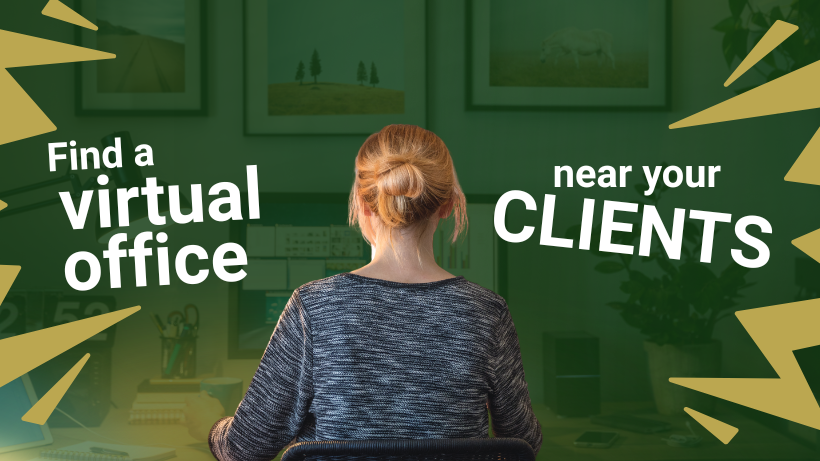 Barrister Suites Office Lease A person seen from behind sitting at a desk with a computer, with the text: Find a virtual office near your CLIENTS.