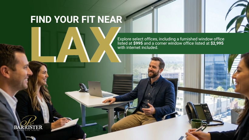 Barrister Suites Office Lease Four professionals meet in a bright corner office, with text reading: Find your fit near LAX. Explore select offices, including a furnished window office listed at $995 and a corner window office listed at $2,995 with internet included.