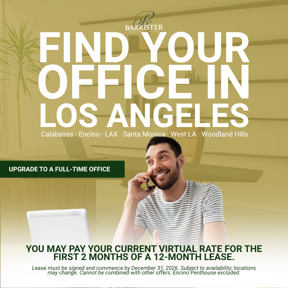 Barrister Suites Office Lease A man smiling while talking on a smartphone, with text promoting Barrister Executive Suites office leases in Los Angeles, including a special offer for new full-time offices.