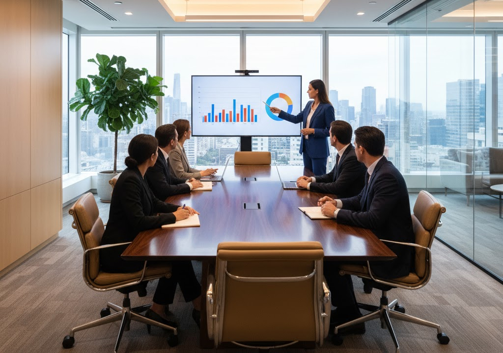 Barrister Suites Office Lease A woman in a blue blazer stands at the head of a boardroom table, pointing to a screen displaying colorful bar and pie charts while five colleagues watch from their seats.